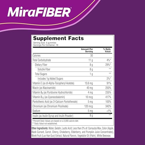 MiraLAX New MiraFIBER Gummies, 8g of Daily Prebiotic Fiber with B Vitamins to Support Digestive Health and Metabolism, Fruit Flavored Fiber Gummies, 72 Count, 18 Servings per Bottle