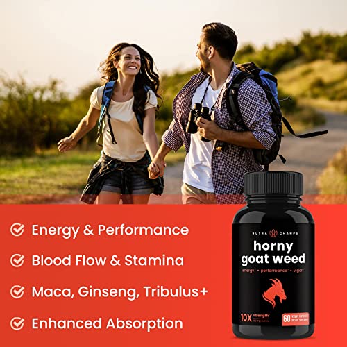 Horny Goat Weed for Men & Women | 1000mg Epimedium Energy Supplement | 10X Strength Icariin | Ginseng, Tribulus & Maca Pills for Women & Men | Enhanced Absorption with Black Pepper | 60 Vegan Capsules