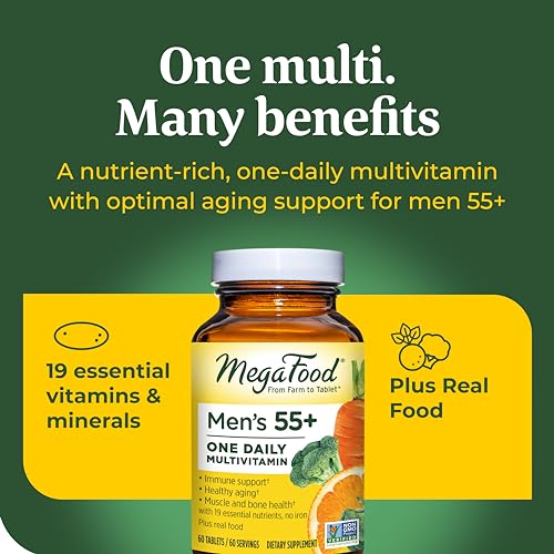 MegaFood Men's 55+ One Daily - Multivitamin for Men with Vitamin B12, Vitamin C, Vitamin D & Zinc - Optimal Aging & Immune Support Supplement - Vegetarian - Made Without 9 Food Allergens - 60 Tabs