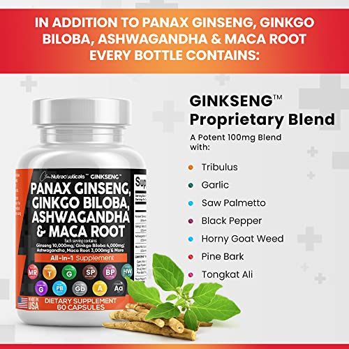 Panax Ginseng 10000mg Ginkgo Biloba 4000mg Ashwagandha Maca Root 3000mg - Focus Supplement Pills for Women and Men with Pine Bark Extract, Garlic, and Saw Palmetto - Made in USA Brain Health 60 Caps