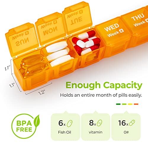 AUVON Monthly Pill Organizer Moistureproof, Large 28 Days Pill Case with Removable 4 Weeks Pill Box Rows, Travel-Friendly Pill Container for Fish Oils, Vitamins, Supplements and Medications