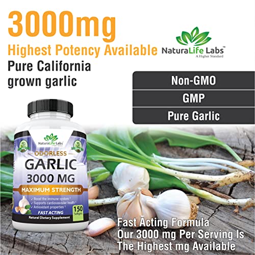 NaturaLife Labs A Higher Standard Odorless Pure Garlic 3000 mg per Serving Maximum Strength 150 Soft gels Promotes Healthy Cholesterol Levels Immune System Support