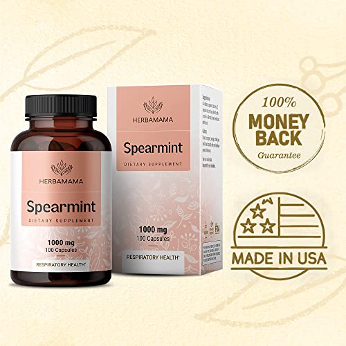 Spearmint 100 Capsules - 1000 mg - Organic Mentha Spicata Dietary Daily Supplement - Natural Support for Digestive & Respiratory Function - for Stress Relief - Vegan, Non-GMO