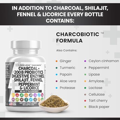 Clean Nutra Activated Charcoal Capsules 1000mg Shilajit 5000mg Pills Probiotic 200 Billion + Digestive Enzymes for Digestive Health with Peppermint Fennel Licorice Papain Ginger Turmeric | Gut Health