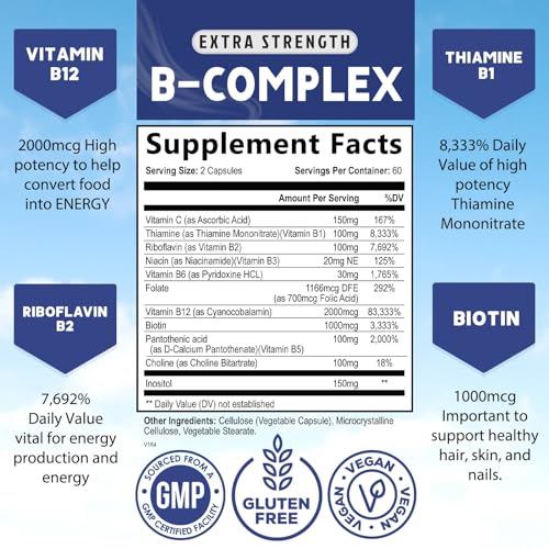 Vitamin B Complex with Vitamin C & Folic Acid - Dietary Supplement for Energy, Immune, & Brain Support - Nature's Super B Vitamin Complex for Women and Men, Made with Folate - 120 Vegetarian Capsules