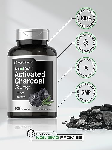 Charcoal Pills 780mg | 180 Capsules | Activated Charcoal from Coconut Shells | Non-GMO and Gluten Free | by Horbaach