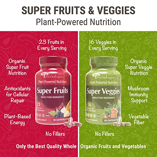 TERRA KAI ORGANICS Organic Super Fruit & Veggies Supplement Gluten/Gelatin Free, Non GMO, Soy Free & Vegan | Reds & Greens Superfood Capsules | 23 Fruits & 16 Vegetables (180 Count) (Fruit & Veggies)