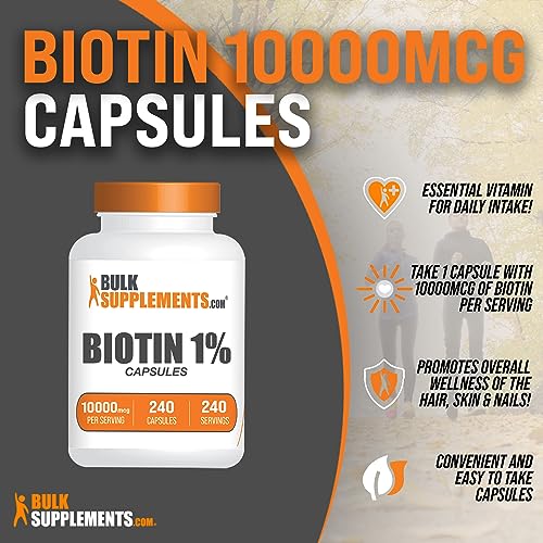 BULKSUPPLEMENTS.COM Biotin 10000mcg Capsules - Vitamin B7 Biotin, Biotin Supplement, Biotin Vitamins for Hair Skin and Nails - Biotin Pills, Gluten Free, 1 Capsule per Serving, 240 Capsules