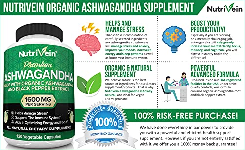 Nutrivein Organic Ashwagandha Capsules 1600mg with Black Pepper Extract - 120 Vegan Pills - 100% Pure Root Powder Supplement - Supports Stress Relief, Immune, Energy, Stamina & Mood