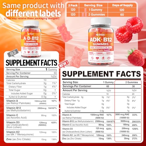 Sugar-Free Vitamin ADK + Vitamin B12 Gummies for Adults - B12 Vitamins 5000mcg 2500mcg, Vitamin A, Vitamin D 10000iu 5000iu, Vitamin D3 K2, C, Zinc for Eye,Bone,Heart,Energy,Mood,Nerve,Immune,120 Days