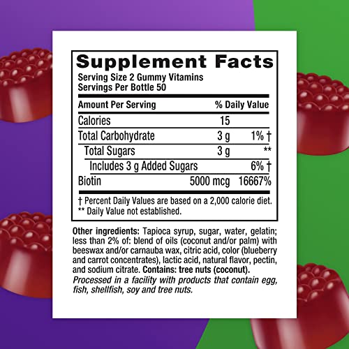 vitafusion Extra Strength Biotin Gummy Vitamins, Berry Flavored, 5,000 mcg Biotin Vitamins, America’s Number 1 Gummy Vitamin Brand, 50 Day Supply, 100 Count (Packaging may vary)