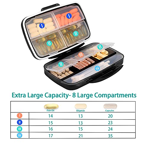 Travel Pill Organizer Large Portable Moisture Proof Vitamin Case, Fullicon Oversize 8 Compartment Pill Box, Pill Holder - Airtight & Moistureproof – Grey