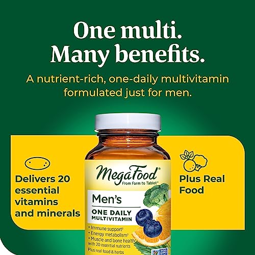 MegaFood Men's One Daily - Multivitamin for Men with Zinc, Selenium, Vitamin B12, Vitamin B6, Vitamin D & Real Food - Immune Support Supplement - Muscle and Bone Health - Vegetarian - 90 Tabs