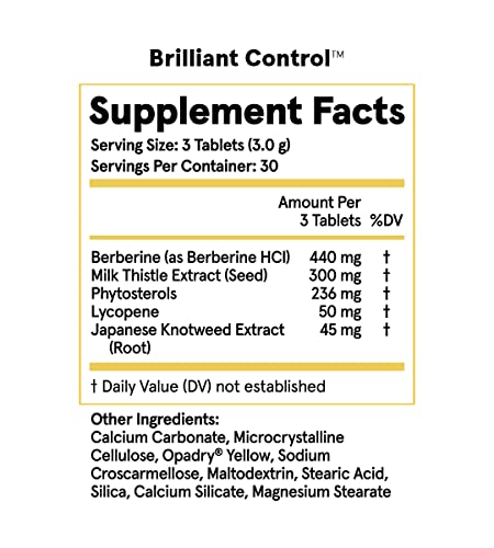 Brilliant Control™ Dietary Supplement for Cholesterol Support – Formulated with Phytosterols, Berberine, Milk Thistle, Lycopene – Vegan & Gluten Free (90 Tablets)