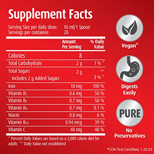 Hübner Iron Vital Liquid Iron Supply Plus Vitamin C, Dietary Supplement for Adults and Kids, Vegan and Gluten-Free, Fruit Flavor, Box of 20 Packets, 10 ml Each