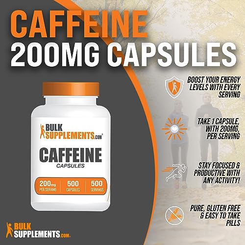 BULKSUPPLEMENTS.COM Caffeine Capsules - Caffeine Supplements, Caffeine Pills 200mg - Caffeine Capsule, Stay Awake Caffeine Pills - 1 Capsule per Servings, 500-Day Supply, 500 Capsules