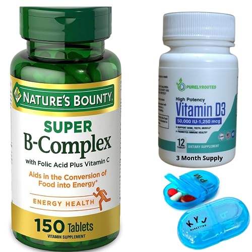 Nature's Bounty Super B Complex with Vitamin C & Folic Acid,150 Tablets - Bundle with PurelyRooted Vitamin D3 50,000 IU 90-Day Supply for Energy, Bone & Muscle Support - Bonus 1 AM/PM Mini Pill Case.