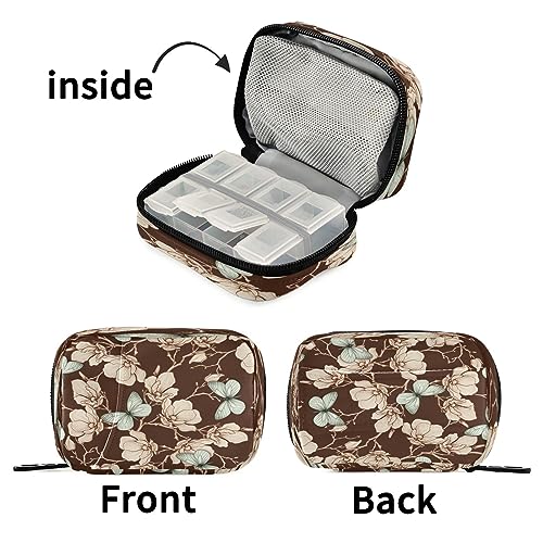 Takiito Retro Butterfly Flower Travel Pill Organizer Bag, Weekly Daily Pill Case Bag Portable Pill Box for Vitamin Supplement Medicine