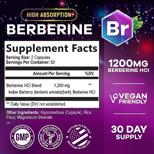 Berberine Supplement 1200mg per Serving - 2 Months Supply - High Absorption Heart Health Support & Immune Support - Berberine Plus - Berberine HCl Supplement Pills, Gluten-Free - 120 Veggie Capsules