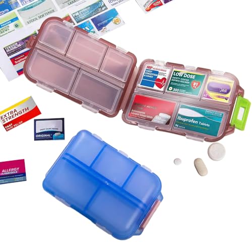 DIY Pocket Pharmacy with Medicine Labels Travel Daily Pill Container Mini Medication Organizer Storage Pill Organizer Travel Essentials Pill Case 7 Day Pill Organizer(Blue & 146 Lables)