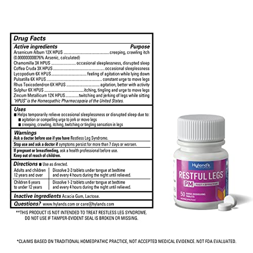 Hyland's Naturals Restful Legs PM Tablets, Nighttime Formula, Natural Itching, Crawling, Tingling & Leg Jerk Relief So You Can Sleep, Quick Dissolving Tablets, 50 Count