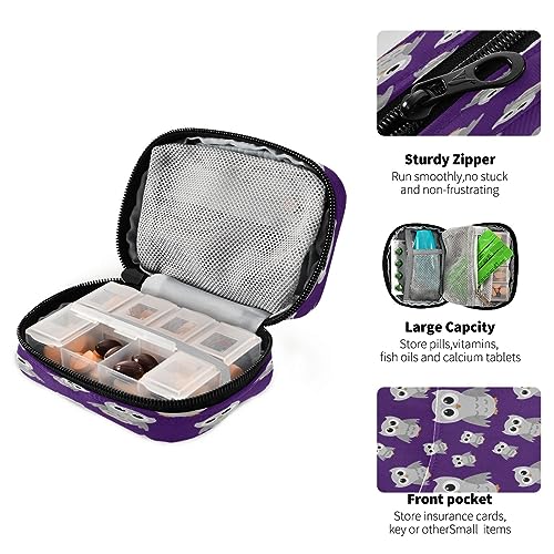 Takiito Purple Cartoon Owl Travel Pill Organizer Bag, Weekly Daily Pill Case Bag Portable Pill Box for Vitamin Supplement Medicine