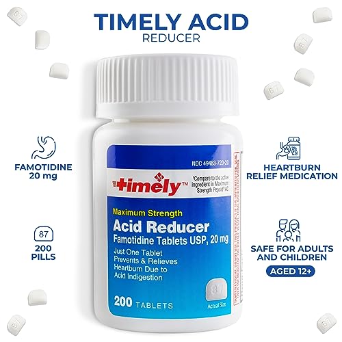 TIME-CAP LABS, INC. Timely - Acid Reducer Famotidine 20mg - Effective Heartburn Relief - 200 Count of Famotidine 20mg Tablets with National Brand Equivalency - for Adults & Children 12 Years & Over