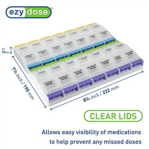 Ezy Dose Weekly (7-Day) Pill Organizer, Vitamin and Medicine Box, 2X-Large Push Button Compartments, 4 Times a Day, Clear Lids