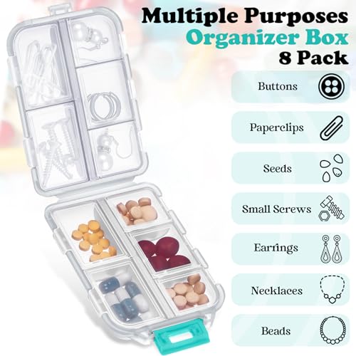 meekoo 8 Pcs Travel Pill Organizer Portable Pill Case Daily Pill Container Pocket Pharmacy Container Small Medicine Travel Container with 10 Compartments for Purse Fish Oil Medicine (Clear White)