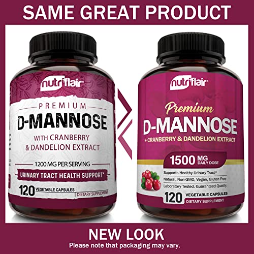 NutriFlair D-Mannose 1200mg, 120 Capsules - with Cranberry and Dandelion Extract - Natural Urinary Tract Health UTI Support - Best D Mannose Powder - Flush Impurities, Detox Body, for Women and Men