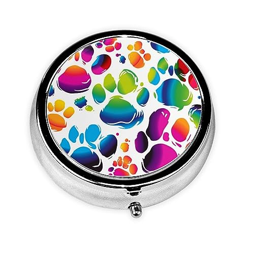 Round Pill Box Colorful Dog Paw Print Cute Small Pill Case 3 Compartment Pillbox for Purse Pocket Portable Pill Container Holder to Hold Vitamins Medication Fish Oil and Supplements