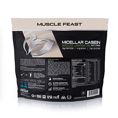 Muscle Feast 100% Micellar Casein Protein | All Natural, Pasture Raised, Hormone Free, Soy Free Slow Absorbing Pure European Micellar Casein | 19g Protein, 88 Calories | Vanilla 4lb | 75 Servings