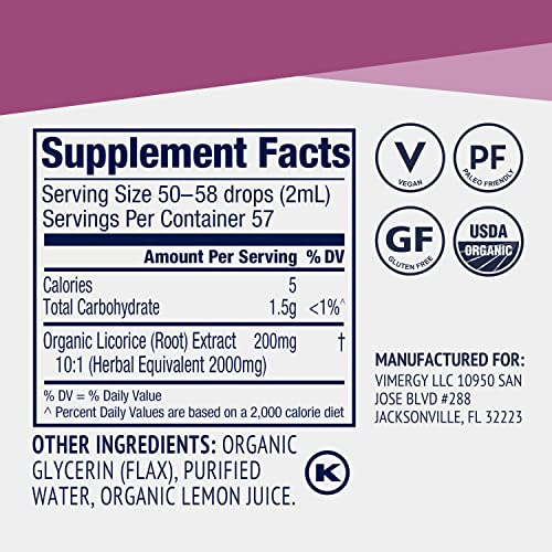 Vimergy USDA Organic Licorice Root Extract, 57 Servings – Alcohol Free Licorice Root Drops – Supports Digestive System & Respiratory Health - Gluten-Free, Non-GMO, Vegan & Paleo Friendly (115 ml)