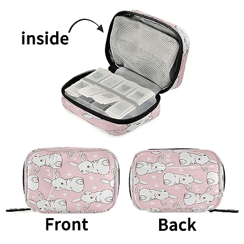 Flradish Hand Drawn Bunny and Heart Weekly Pill Organizer Portable Removable 7-Day Travel Zippered Pill Case Purse Pill Box Organizer for Vitamins Pills Supplements