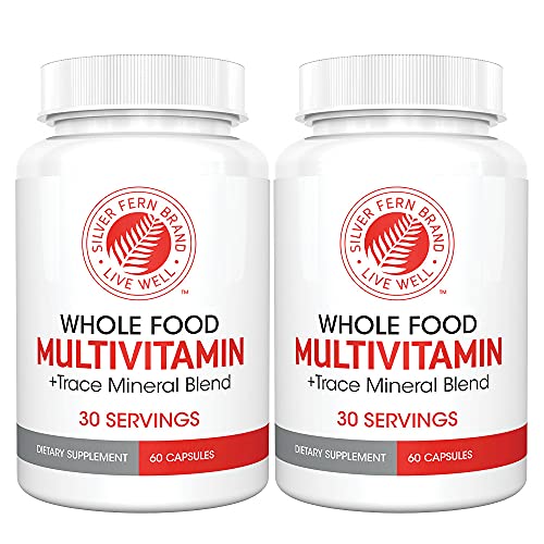 Silver Fern Whole Food Daily Multi Vitamin w/Trace Mineral Blend Supplement - 2 Bottles - 60 Vegicaps Each - 60 Day Supply - Natural, Non-GMO, Vegan, Multivitamin for Men & Women - Zero Synthetics