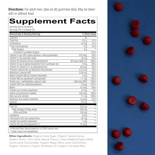 SmartyPants Men's Formula, Daily Multivitamin for Men: Vitamins C, D3, Zinc, Omega 3, CoQ10, & B12 for Immune Support, Energy, Prostate & Heart Health, Fruit Flavor, 180 Gummies (30 Day Supply)