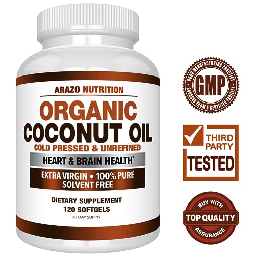 Arazo Nutrition Organic Coconut Oil 2000 MG - 100% Extra Virgin Unrefined Cold Pressed for Weight Support, Skin, Hair, Nails - 120 Softgel Capsules