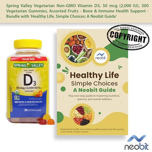 Spring Valley Vegetarian Non-GMO Vitamin D3, 50 mcg (2,000 IU), 300 Vegetarian Gummies, Assorted Fruits - Bone & Immune Health Support - Bundle with 'Healthy Life, Simple Choices' Guide (2 Items)