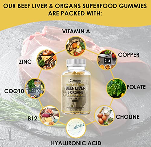 Beef Liver and Organs Gummies – Advanced Supplements with Beef Organs – (Desiccated) 3200mg EA Beef Organ Supplement with Liver, Heart, Kidney, Pancreas, Spleen – Rich in Vitamin A – 60 Gummies