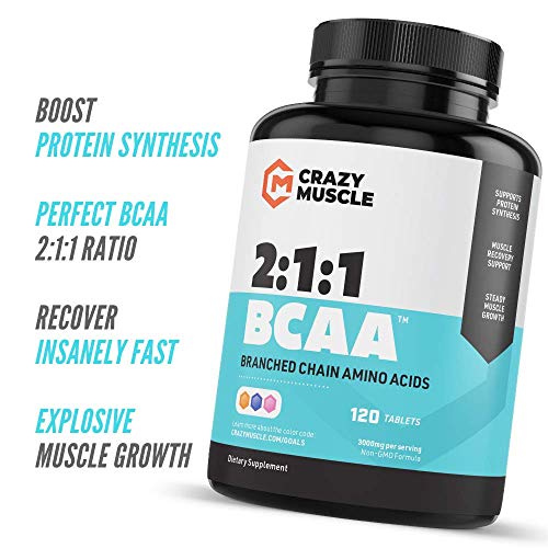 Crazy Muscle BCAA Pills with The Perfect 2:1:1 Ratio of Branched Chain Amino Acids Supplement - 1000mg of BCAAs per Pill (Better Than Capsules) by Crazy Muscle - 120 Tablets