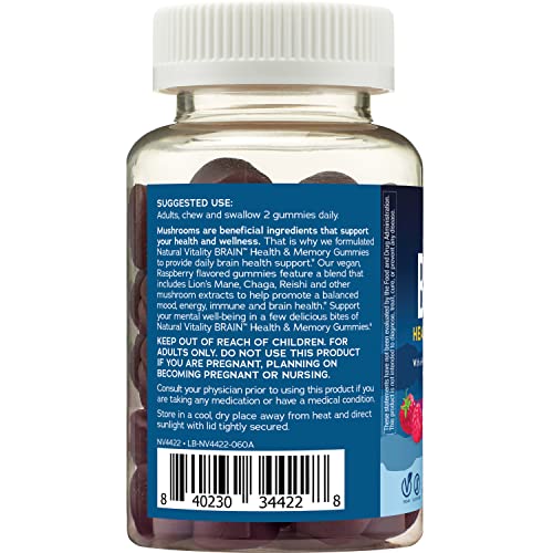 Natural Vitality Brain Health & Memory Gummies; Provides Daily Brain Health Support; Functional Mushroom Extract Blend; Vegan, Gluten Free; Delicious, Raspberry Flavored; 60 Gummies*