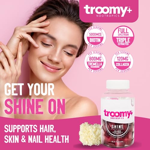 Troomy Shine: Natural Beauty Gummies - Biotin + Collagen + Tremella Mushroom - White Peach Pomegranate Flavor - 60 Count