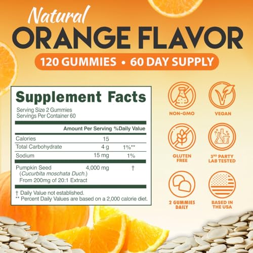 Pumpkin Seed Gummies - Natural Orange Flavor, Sugar-Free, Vegan, Non-GMO - 120 Gummies for Hair Growth, Bladder & Urinary Tract Support, and Young Skin - Gluten-Free Dietary Supplement 4,000mg