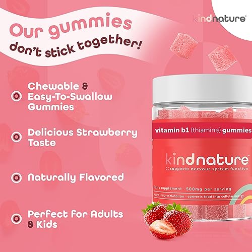 Kind Nature Vitamin B1 Gummies - Chewable Thiamine 500mg per Serving - Formulated for B1 Vitamin Deficiency - Non GMO, Vegan, Natural Strawberry Flavor Thiamine B1 Supplement for Adults & Kids