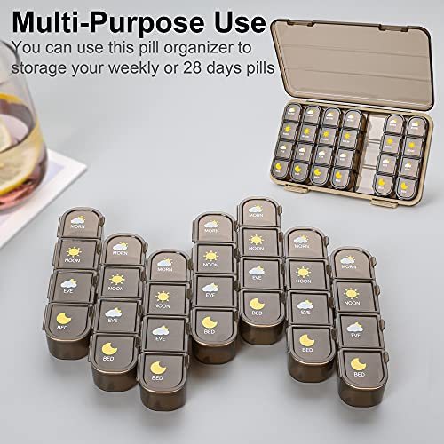 Pill Organizer 4 Times A Day, 7 Day Pill Box 4 Times A Day - Acedada Weekly Medicine Box Organizer with Separate Case, Portable Daily Pill Container Dispenser for Vitamin Fish Oils Supplements, Brown