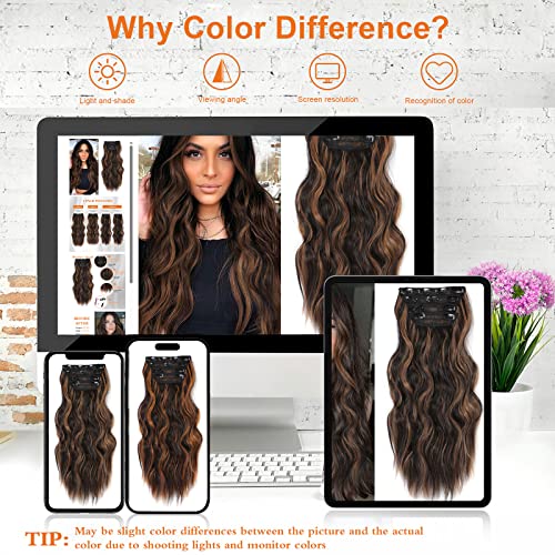 Clip in Hair Extensions 2O Inch Long Wavy Curly Hair Extensions for Thin Hair 4PCS Full Head Synthetic Hair Extension Clips(Black Brown with Highlights)
