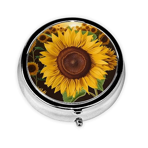 Beautiful Sunflower Print Round Pill Box 3 Compartment Medicine Pill Case Portable Pill Container for Daily Medicine Supplement Vitamin