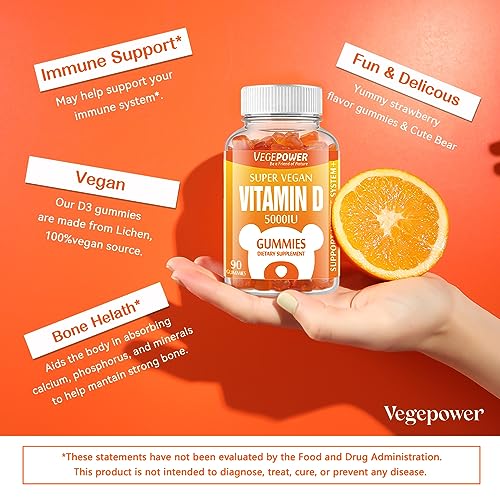 VEGEPOWER Vegan Vitamin D3 Gummies 5000 IU (125mcg) - 90 Count | for Immune Support, Bone Health, Energy Levels Boost, Non-GMO, Gluten Free, Vitamin D Supplement for Adults & Kids (Strawberry)