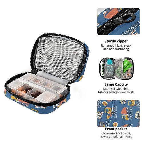 Construction Vehicles Travel Pill Organizer Case Weekly Portable Pill Bag Container 7 Days Pill Box Organizer for Fish Oils Vitamin Travel Business Gifts