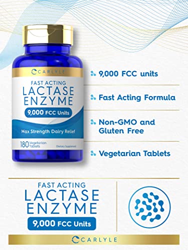 Carlyle Fast Acting Lactase Enzyme Pills | 9000 FCC | 180 Tablets | Dairy Relief Supplement | Max Strength Support | Non-GMO, Gluten Free Supplement